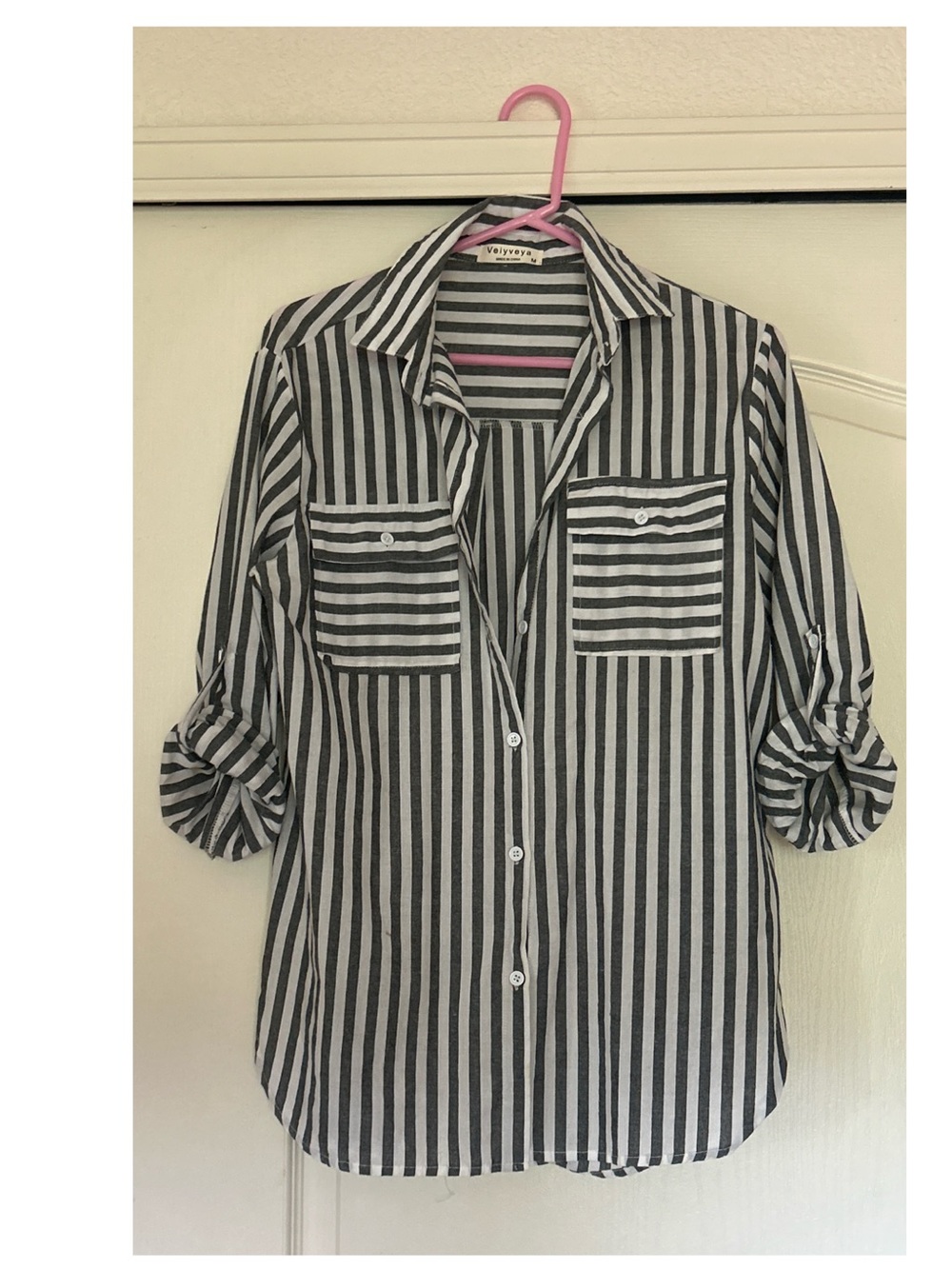 Gray  & White Striped Button-Up Blouse